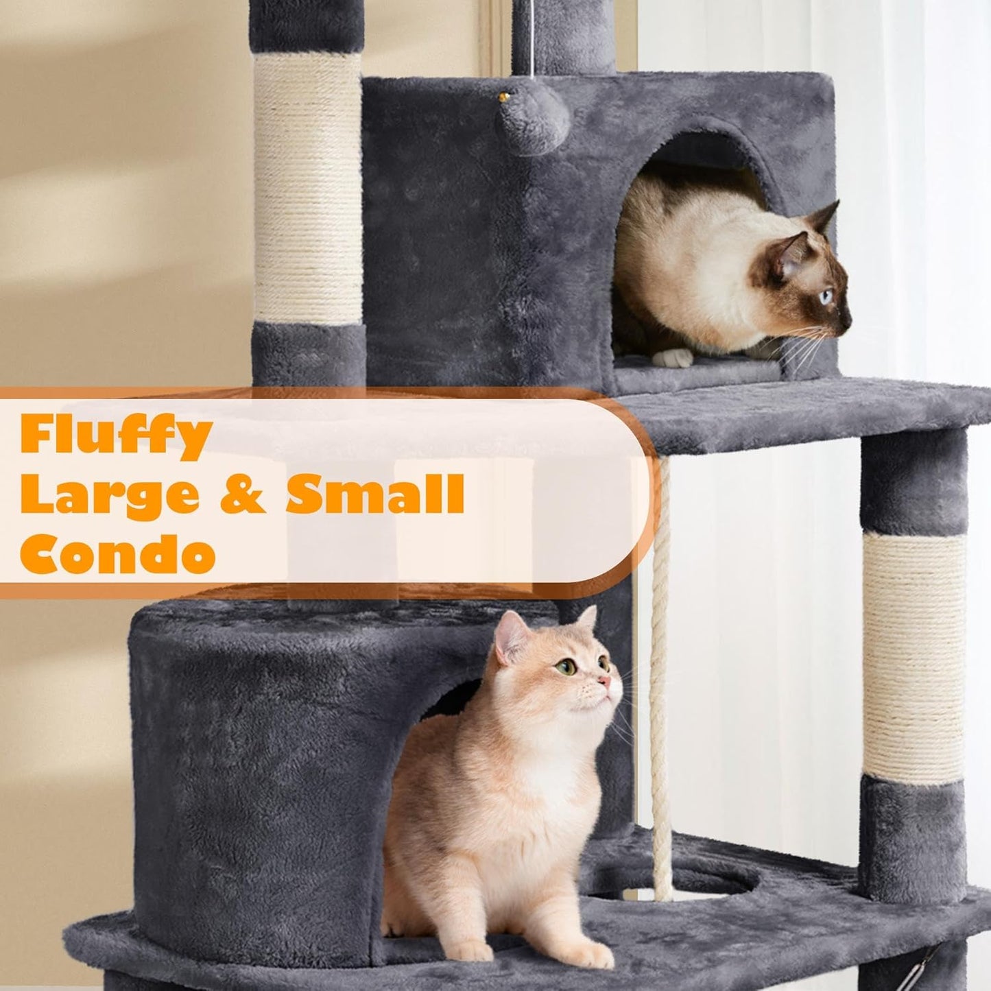Yaheetech Cat Tree, 62.5In Multi-Level Cat Tower with 2 Cat-Ear Shaped Perches, 2 Cozy Condos, Scratching Posts & Hammock, Sturdy Indoor Activity Center for Multiple Cats, Dark Gray