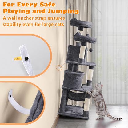 Yaheetech Cat Tree, 62.5In Multi-Level Cat Tower with 2 Cat-Ear Shaped Perches, 2 Cozy Condos, Scratching Posts & Hammock, Sturdy Indoor Activity Center for Multiple Cats, Dark Gray