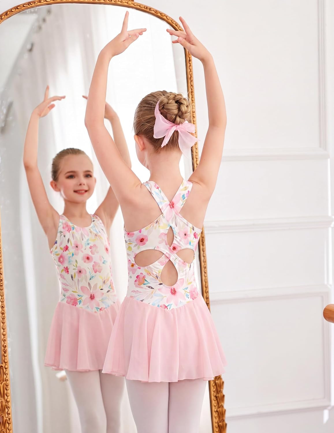 Kid Girls Hollow Back Ballet Leotard with Skirt Sleeveless Dance Dresses