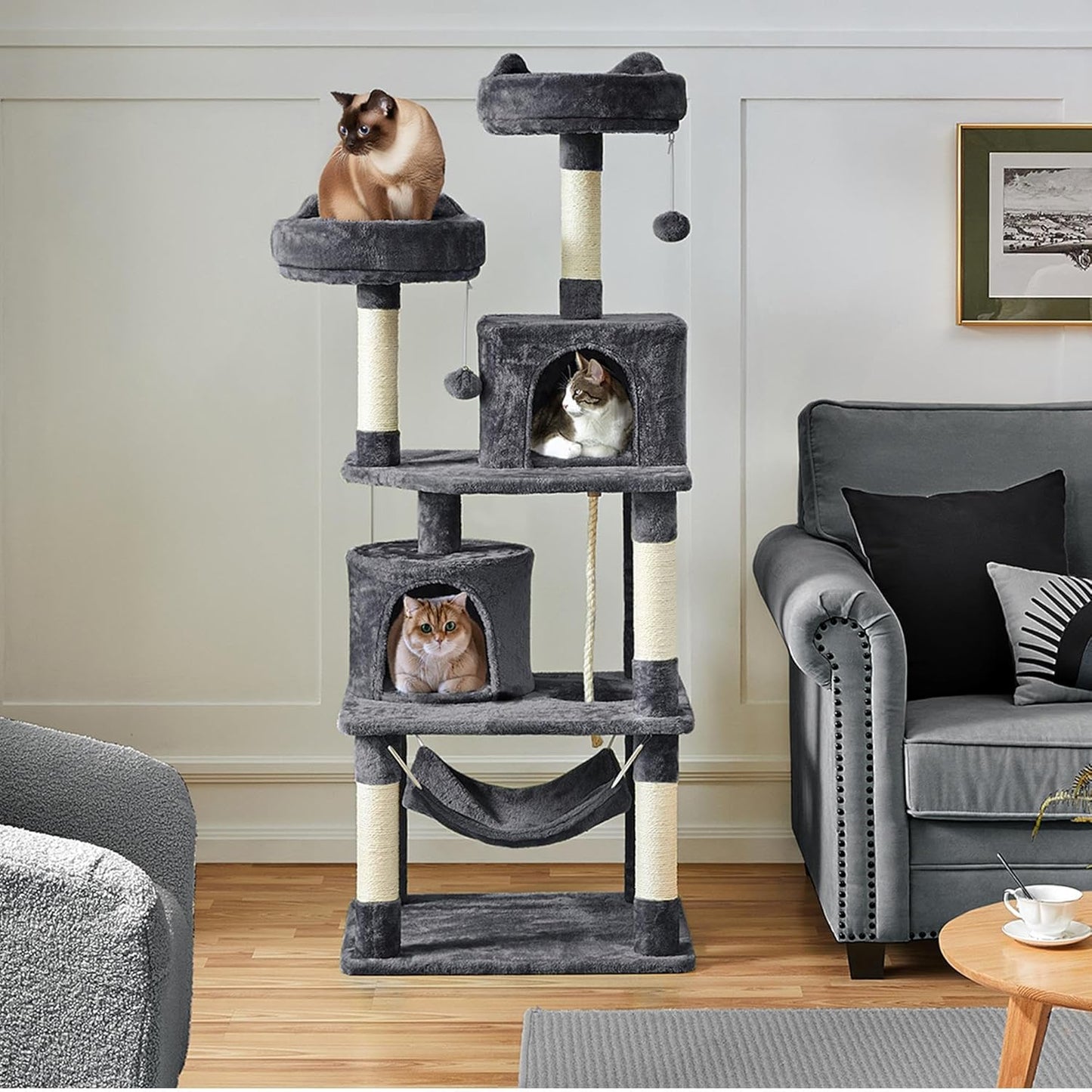 Yaheetech Cat Tree, 62.5In Multi-Level Cat Tower with 2 Cat-Ear Shaped Perches, 2 Cozy Condos, Scratching Posts & Hammock, Sturdy Indoor Activity Center for Multiple Cats, Dark Gray