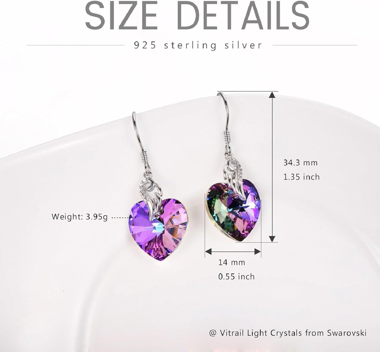 Crystal Heart Dangle Earrings Sterling Silver Heart Earrings with Angle Wings Birthday Anniversary Jewelry Gifts for Women Wife