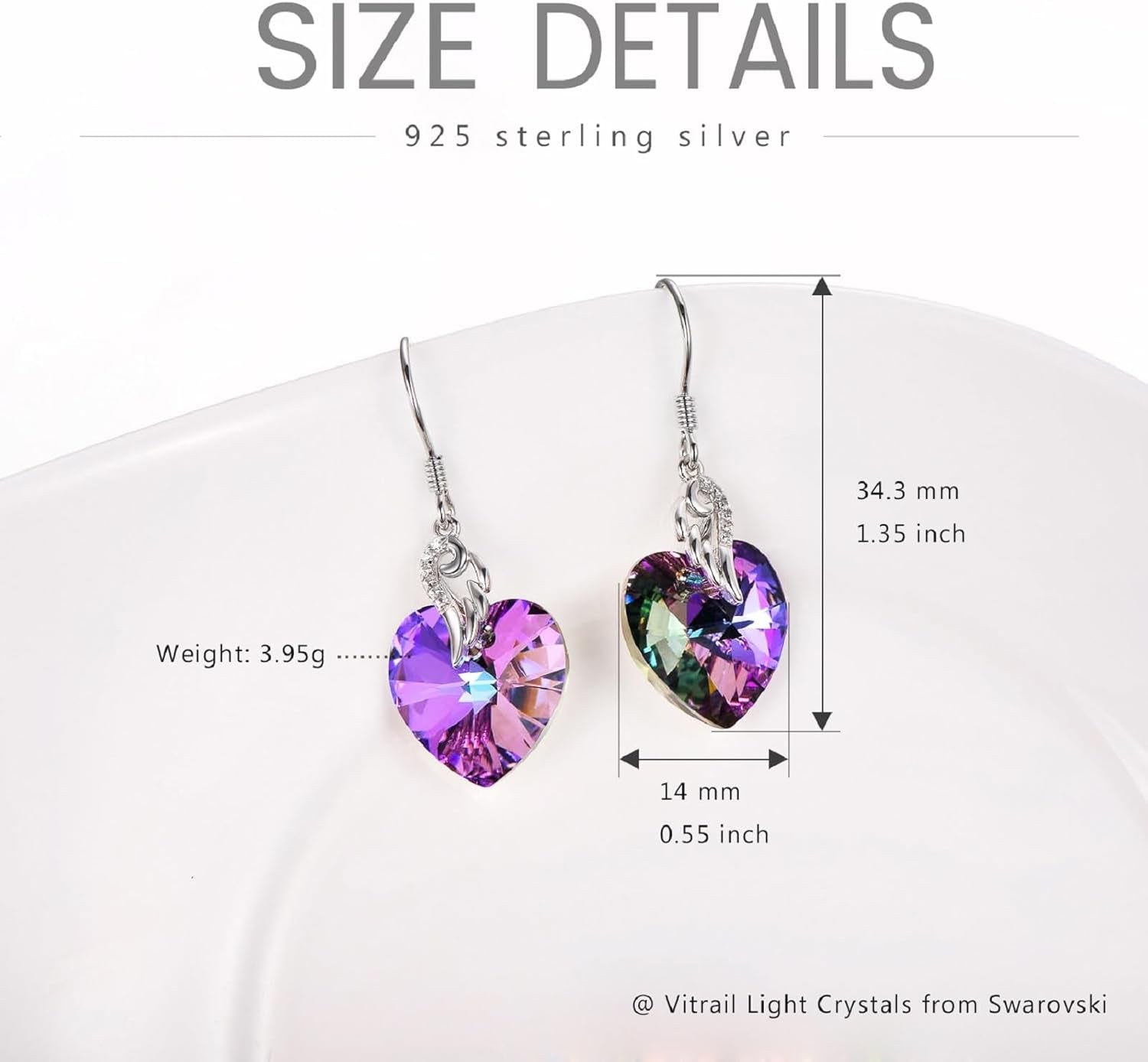 Crystal Heart Dangle Earrings Sterling Silver Heart Earrings with Angle Wings Birthday Anniversary Jewelry Gifts for Women Wife