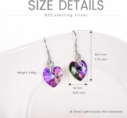 Crystal Heart Dangle Earrings Sterling Silver Heart Earrings with Angle Wings Birthday Anniversary Jewelry Gifts for Women Wife