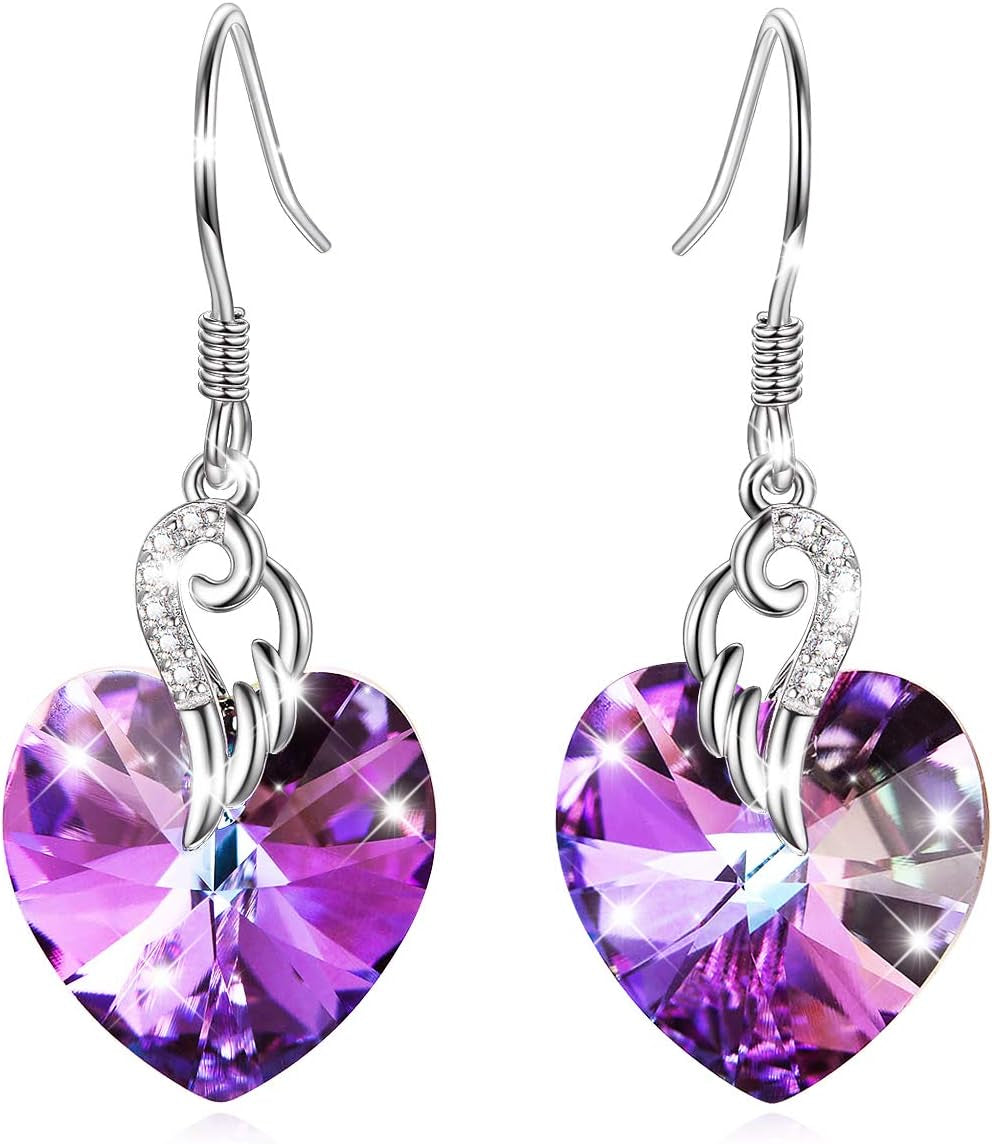 Crystal Heart Dangle Earrings Sterling Silver Heart Earrings with Angle Wings Birthday Anniversary Jewelry Gifts for Women Wife