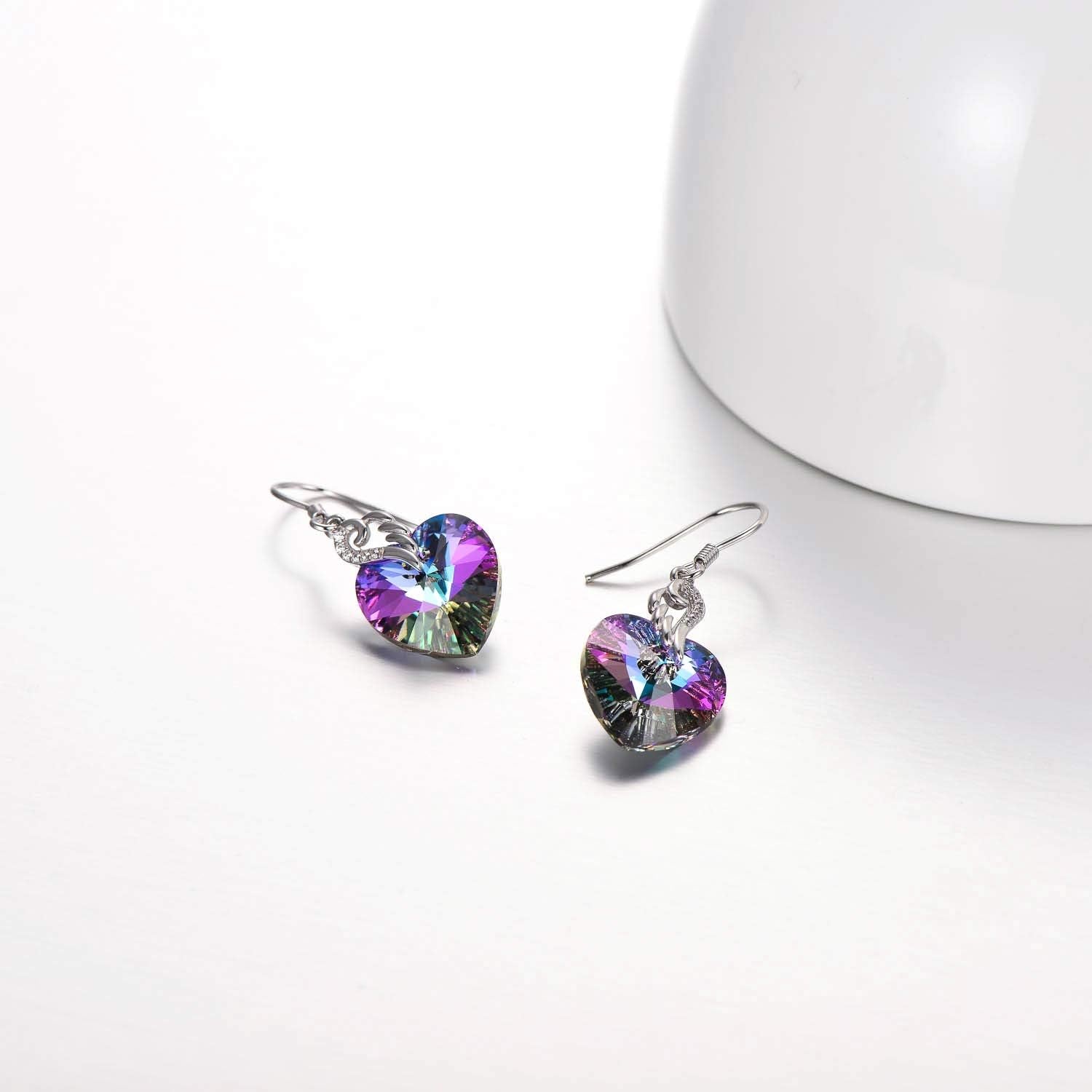 Crystal Heart Dangle Earrings Sterling Silver Heart Earrings with Angle Wings Birthday Anniversary Jewelry Gifts for Women Wife