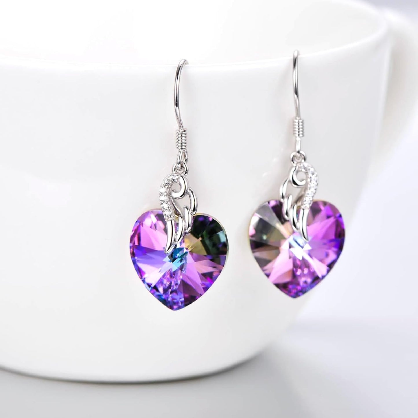 Crystal Heart Dangle Earrings Sterling Silver Heart Earrings with Angle Wings Birthday Anniversary Jewelry Gifts for Women Wife