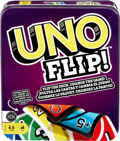 Mattel Games UNO FLIP! Card Game in Storage & Travel Tin, Color Blind Accessible Deck for Kids, Adults & Family Nights & Parties (Amazon Exclusive)