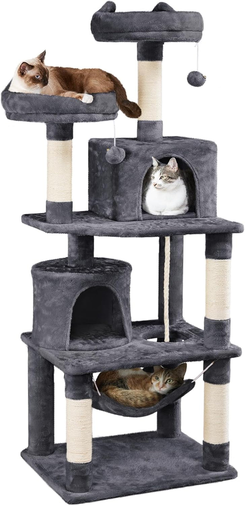 Yaheetech Cat Tree, 62.5In Multi-Level Cat Tower with 2 Cat-Ear Shaped Perches, 2 Cozy Condos, Scratching Posts & Hammock, Sturdy Indoor Activity Center for Multiple Cats, Dark Gray