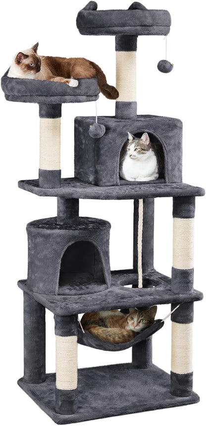 Yaheetech Cat Tree, 62.5In Multi-Level Cat Tower with 2 Cat-Ear Shaped Perches, 2 Cozy Condos, Scratching Posts & Hammock, Sturdy Indoor Activity Center for Multiple Cats, Dark Gray