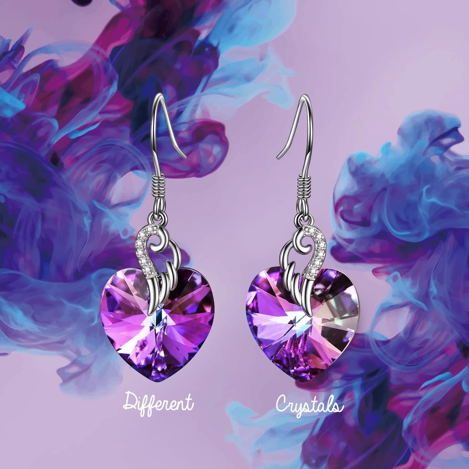 Crystal Heart Dangle Earrings Sterling Silver Heart Earrings with Angle Wings Birthday Anniversary Jewelry Gifts for Women Wife