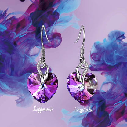 Crystal Heart Dangle Earrings Sterling Silver Heart Earrings with Angle Wings Birthday Anniversary Jewelry Gifts for Women Wife