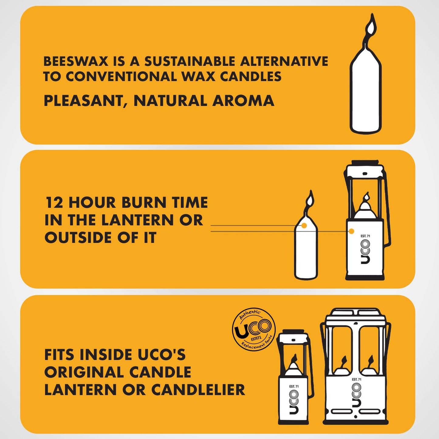 12-Hour Natural Beeswax Long-Burning Candles for  Candle Lanterns and Emergency Preparedness, Made in USA